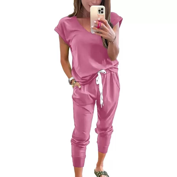 imagePRETTYGARDEN Womens Two Piece Tracksuit V Neck Short Sleeve Tops Long Pants With Drawstring Outfits Jogger SetsPink