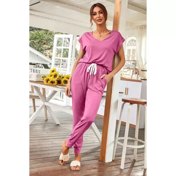 imagePRETTYGARDEN Womens Two Piece Tracksuit V Neck Short Sleeve Tops Long Pants With Drawstring Outfits Jogger SetsPink