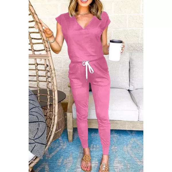 imagePRETTYGARDEN Womens Two Piece Tracksuit V Neck Short Sleeve Tops Long Pants With Drawstring Outfits Jogger SetsPink