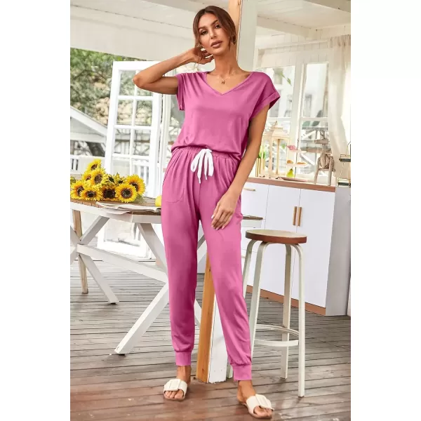 imagePRETTYGARDEN Womens Two Piece Tracksuit V Neck Short Sleeve Tops Long Pants With Drawstring Outfits Jogger SetsPink