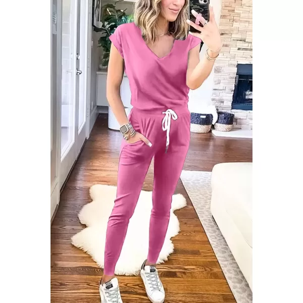 imagePRETTYGARDEN Womens Two Piece Tracksuit V Neck Short Sleeve Tops Long Pants With Drawstring Outfits Jogger SetsPink