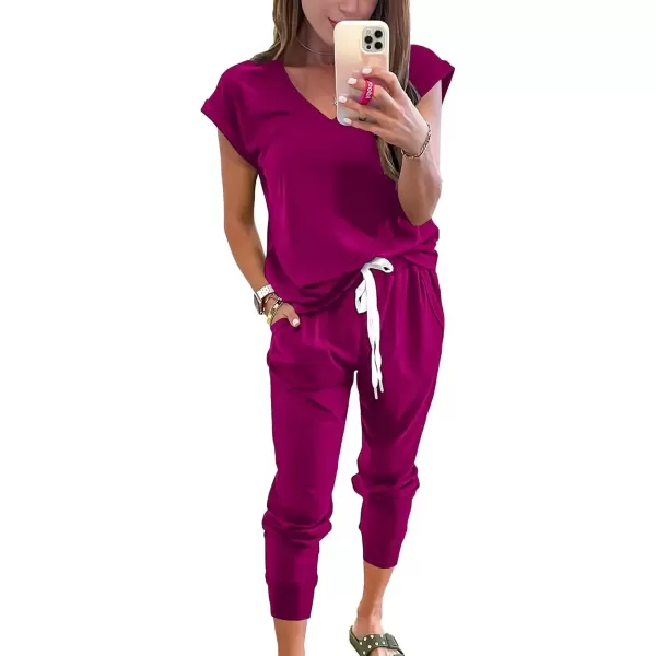 imagePRETTYGARDEN Womens Two Piece Tracksuit V Neck Short Sleeve Tops Long Pants With Drawstring Outfits Jogger SetsPurple