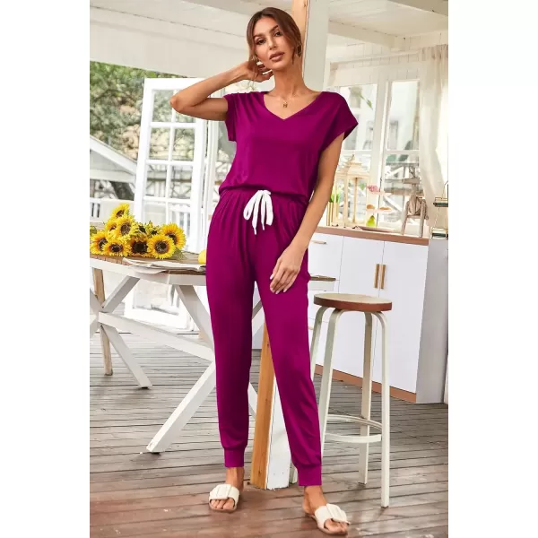 imagePRETTYGARDEN Womens Two Piece Tracksuit V Neck Short Sleeve Tops Long Pants With Drawstring Outfits Jogger SetsPurple