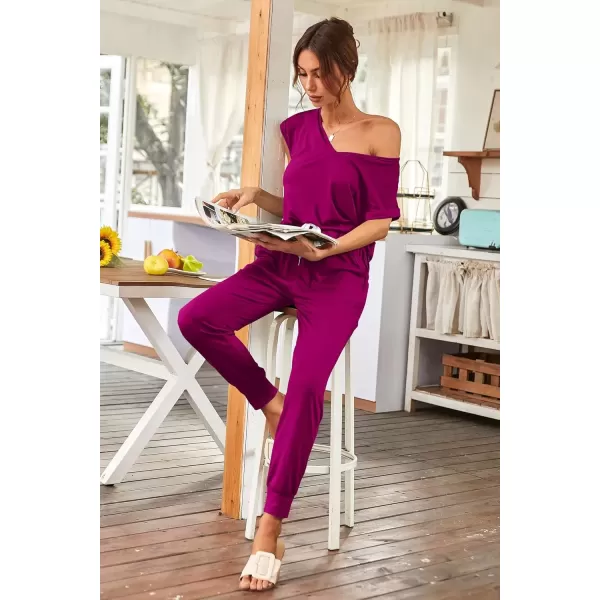 imagePRETTYGARDEN Womens Two Piece Tracksuit V Neck Short Sleeve Tops Long Pants With Drawstring Outfits Jogger SetsPurple