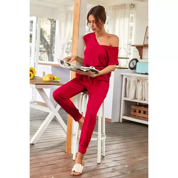 imagePRETTYGARDEN Womens Two Piece Tracksuit V Neck Short Sleeve Tops Long Pants With Drawstring Outfits Jogger SetsRed