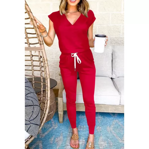 imagePRETTYGARDEN Womens Two Piece Tracksuit V Neck Short Sleeve Tops Long Pants With Drawstring Outfits Jogger SetsRed