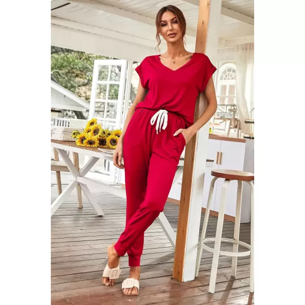 imagePRETTYGARDEN Womens Two Piece Tracksuit V Neck Short Sleeve Tops Long Pants With Drawstring Outfits Jogger SetsRed