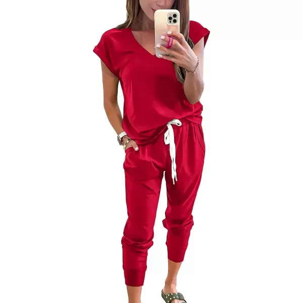 imagePRETTYGARDEN Womens Two Piece Tracksuit V Neck Short Sleeve Tops Long Pants With Drawstring Outfits Jogger SetsRed
