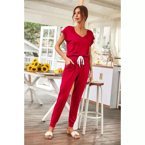 imagePRETTYGARDEN Womens Two Piece Tracksuit V Neck Short Sleeve Tops Long Pants With Drawstring Outfits Jogger SetsRed