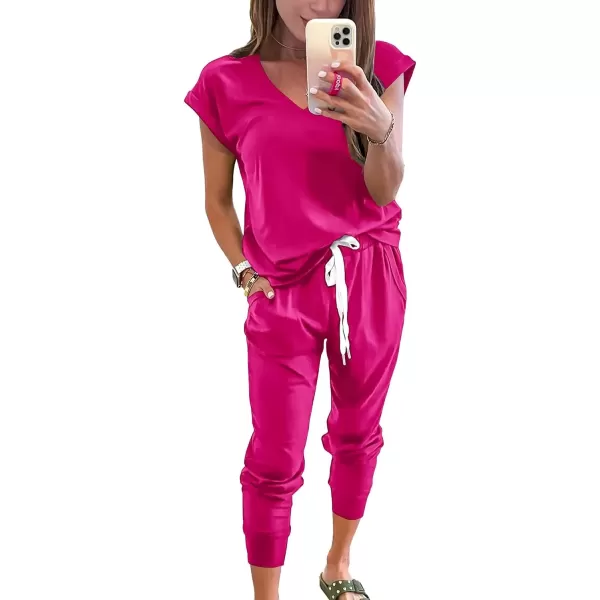 imagePRETTYGARDEN Womens Two Piece Tracksuit V Neck Short Sleeve Tops Long Pants With Drawstring Outfits Jogger SetsRose Red