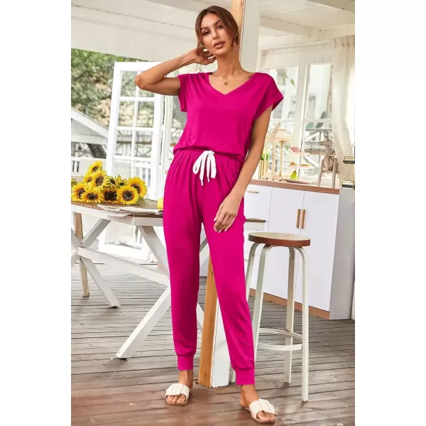 imagePRETTYGARDEN Womens Two Piece Tracksuit V Neck Short Sleeve Tops Long Pants With Drawstring Outfits Jogger SetsRose Red