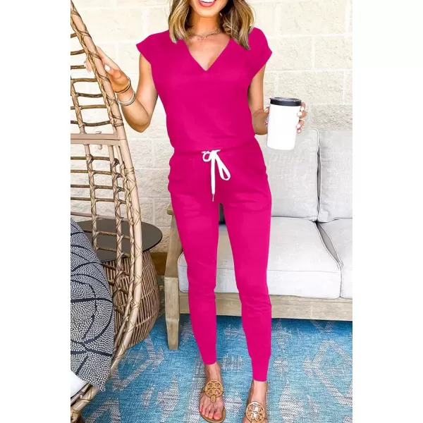 imagePRETTYGARDEN Womens Two Piece Tracksuit V Neck Short Sleeve Tops Long Pants With Drawstring Outfits Jogger SetsRose Red