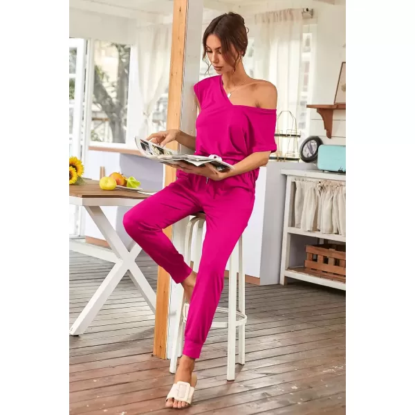 imagePRETTYGARDEN Womens Two Piece Tracksuit V Neck Short Sleeve Tops Long Pants With Drawstring Outfits Jogger SetsRose Red