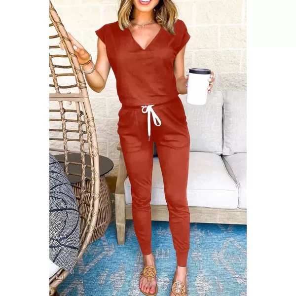 imagePRETTYGARDEN Womens Two Piece Tracksuit V Neck Short Sleeve Tops Long Pants With Drawstring Outfits Jogger SetsRust Red