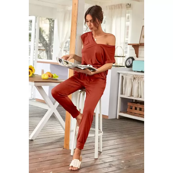 imagePRETTYGARDEN Womens Two Piece Tracksuit V Neck Short Sleeve Tops Long Pants With Drawstring Outfits Jogger SetsRust Red