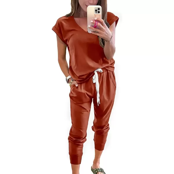 imagePRETTYGARDEN Womens Two Piece Tracksuit V Neck Short Sleeve Tops Long Pants With Drawstring Outfits Jogger SetsRust Red