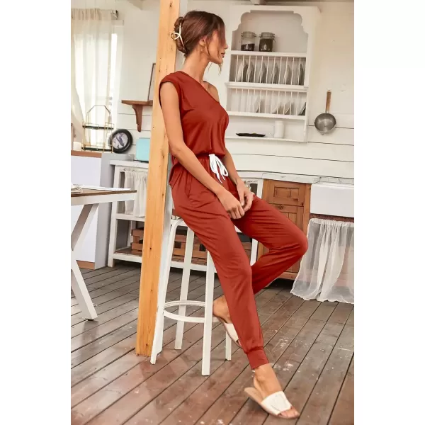 imagePRETTYGARDEN Womens Two Piece Tracksuit V Neck Short Sleeve Tops Long Pants With Drawstring Outfits Jogger SetsRust Red