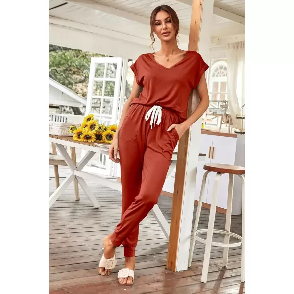 imagePRETTYGARDEN Womens Two Piece Tracksuit V Neck Short Sleeve Tops Long Pants With Drawstring Outfits Jogger SetsRust Red