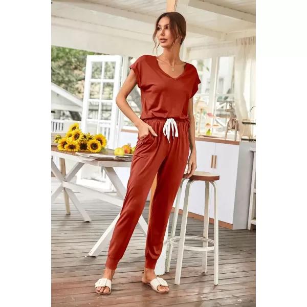 imagePRETTYGARDEN Womens Two Piece Tracksuit V Neck Short Sleeve Tops Long Pants With Drawstring Outfits Jogger SetsRust Red
