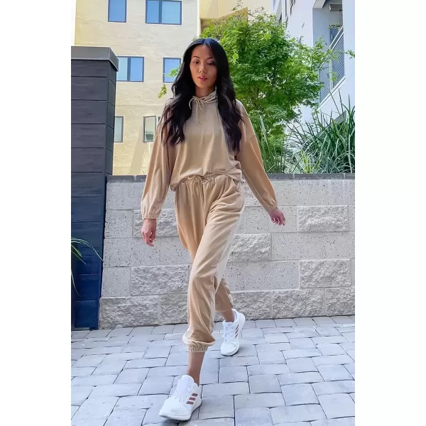 imagePRETTYGARDEN Womens Velour Tracksuits Set Hooded Pullover Sweatpants Long Sleeve 2 Piece Joggers OutfitsApricot