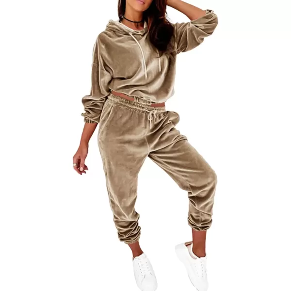 imagePRETTYGARDEN Womens Velour Tracksuits Set Hooded Pullover Sweatpants Long Sleeve 2 Piece Joggers OutfitsApricot