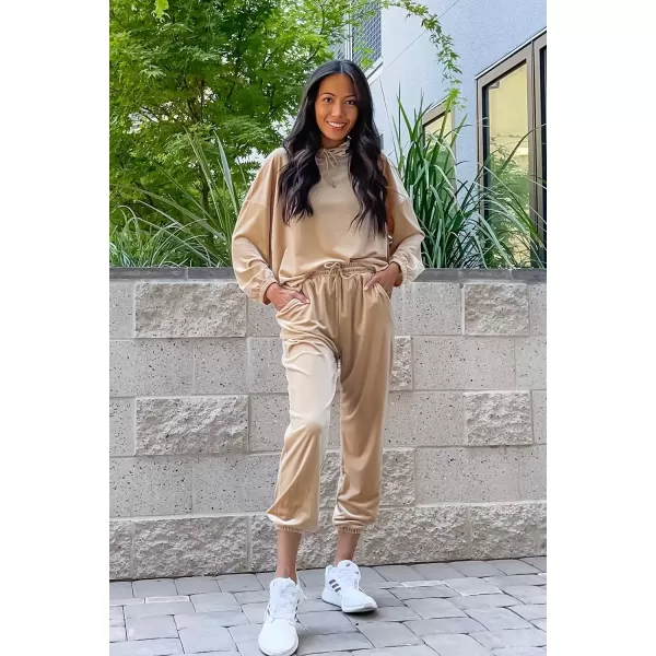 imagePRETTYGARDEN Womens Velour Tracksuits Set Hooded Pullover Sweatpants Long Sleeve 2 Piece Joggers OutfitsApricot