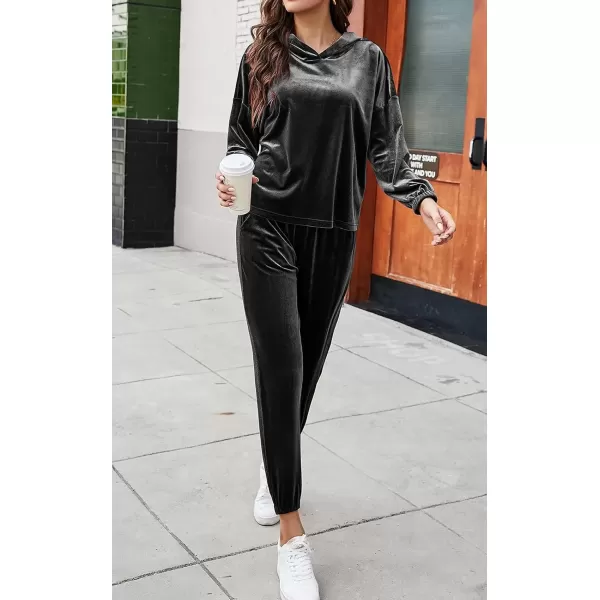 imagePRETTYGARDEN Womens Velour Tracksuits Set Hooded Pullover Sweatpants Long Sleeve 2 Piece Joggers OutfitsBlack