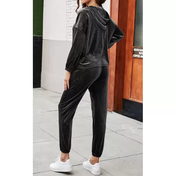 imagePRETTYGARDEN Womens Velour Tracksuits Set Hooded Pullover Sweatpants Long Sleeve 2 Piece Joggers OutfitsBlack