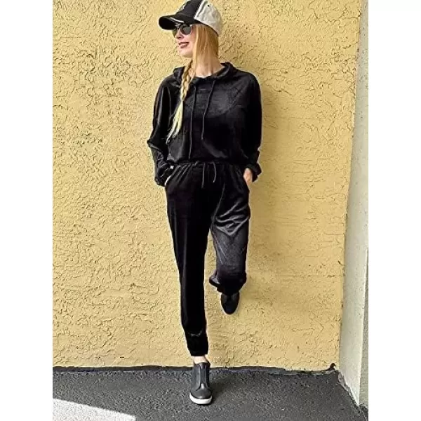 imagePRETTYGARDEN Womens Velour Tracksuits Set Hooded Pullover Sweatpants Long Sleeve 2 Piece Joggers OutfitsBlack