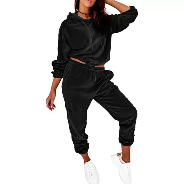 imagePRETTYGARDEN Womens Velour Tracksuits Set Hooded Pullover Sweatpants Long Sleeve 2 Piece Joggers OutfitsBlack