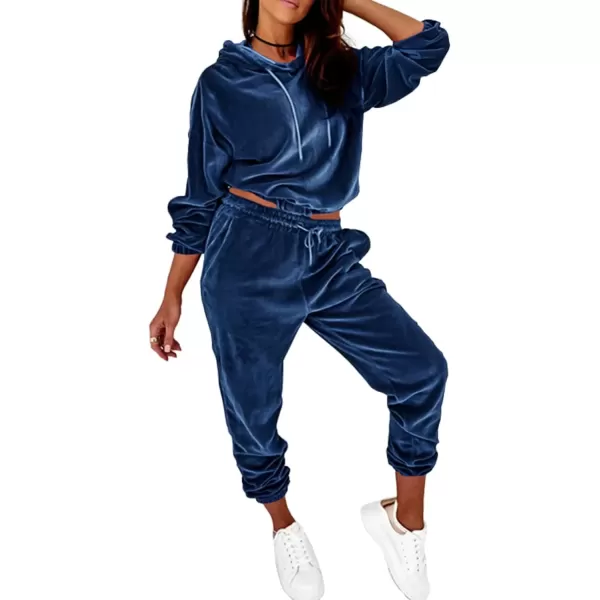 imagePRETTYGARDEN Womens Velour Tracksuits Set Hooded Pullover Sweatpants Long Sleeve 2 Piece Joggers OutfitsBlue