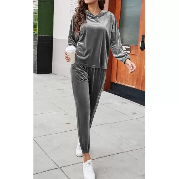 imagePRETTYGARDEN Womens Velour Tracksuits Set Hooded Pullover Sweatpants Long Sleeve 2 Piece Joggers OutfitsGray