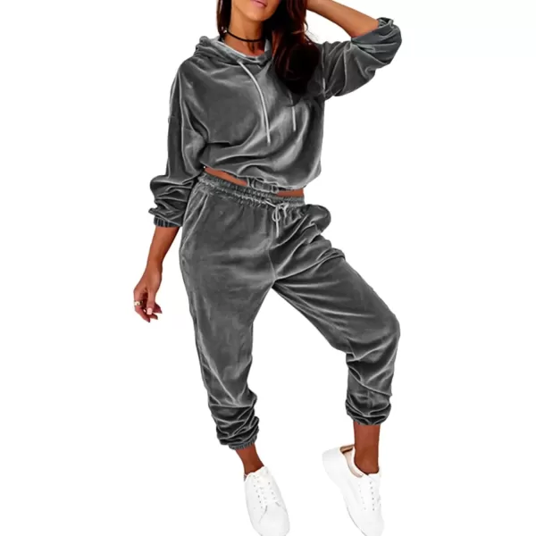 imagePRETTYGARDEN Womens Velour Tracksuits Set Hooded Pullover Sweatpants Long Sleeve 2 Piece Joggers OutfitsGray