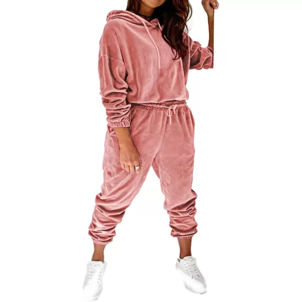 imagePRETTYGARDEN Womens Velour Tracksuits Set Hooded Pullover Sweatpants Long Sleeve 2 Piece Joggers OutfitsPink