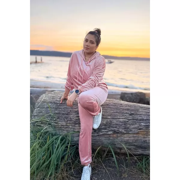 imagePRETTYGARDEN Womens Velour Tracksuits Set Hooded Pullover Sweatpants Long Sleeve 2 Piece Joggers OutfitsPink