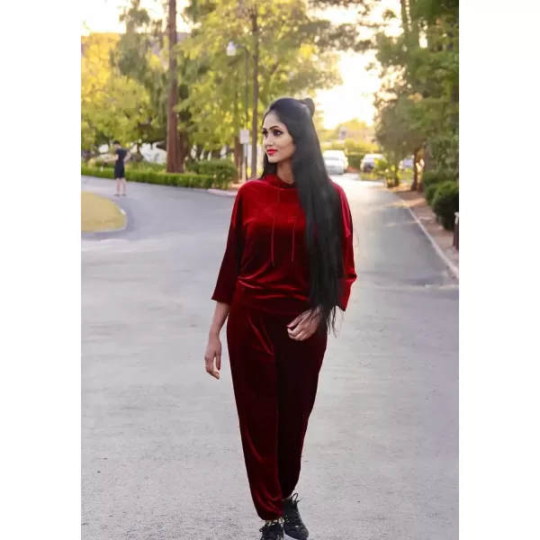 imagePRETTYGARDEN Womens Velour Tracksuits Set Hooded Pullover Sweatpants Long Sleeve 2 Piece Joggers OutfitsWine Red