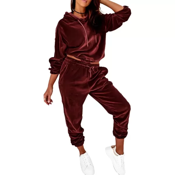 imagePRETTYGARDEN Womens Velour Tracksuits Set Hooded Pullover Sweatpants Long Sleeve 2 Piece Joggers OutfitsWine Red