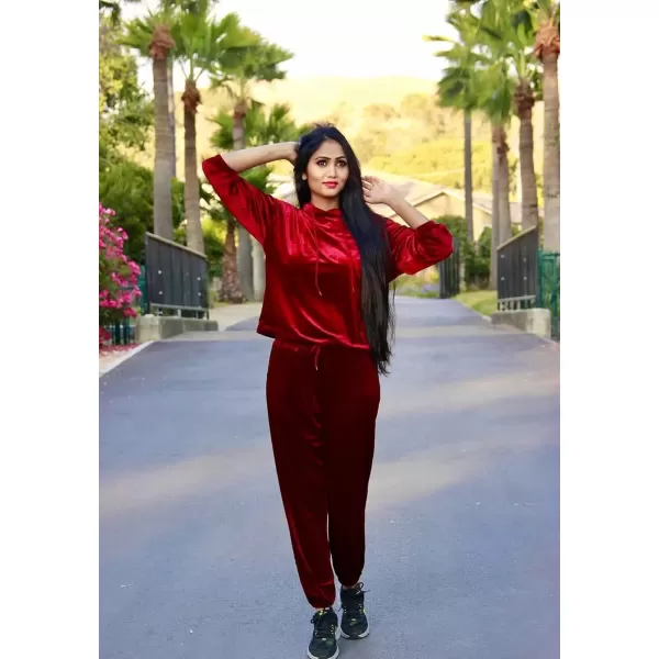 imagePRETTYGARDEN Womens Velour Tracksuits Set Hooded Pullover Sweatpants Long Sleeve 2 Piece Joggers OutfitsWine Red