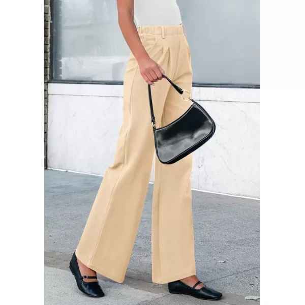 imagePRETTYGARDEN Womens Wide Leg Dress Pants Dressy Casual High Elastic Waisted Work Office Trousers Palazzo PantsBeige