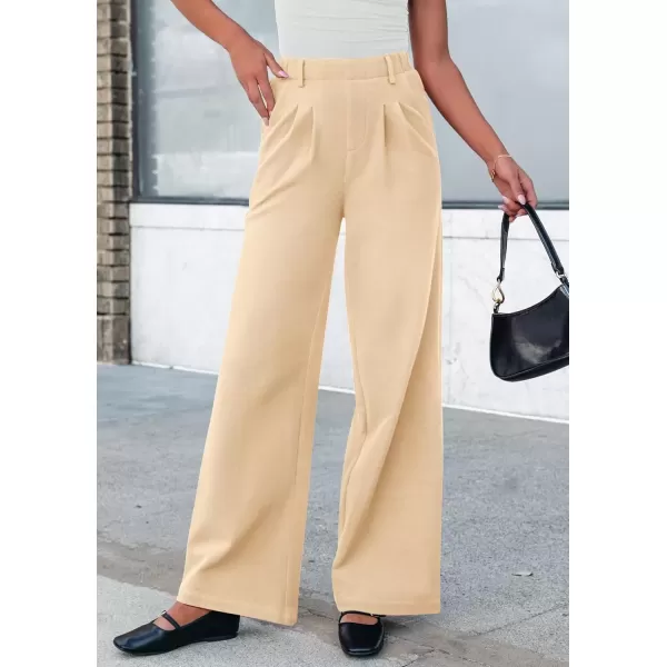 imagePRETTYGARDEN Womens Wide Leg Dress Pants Dressy Casual High Elastic Waisted Work Office Trousers Palazzo PantsBeige