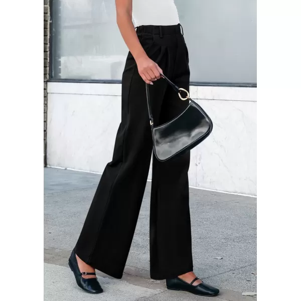 imagePRETTYGARDEN Womens Wide Leg Dress Pants Dressy Casual High Elastic Waisted Work Office Trousers Palazzo PantsBlack