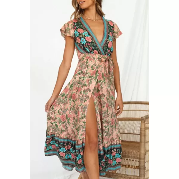 imagePRETTYGARDEN Women Boho Summer Side Split Deep V Neck Short Sleeves Maxi Dress with BeltApricot