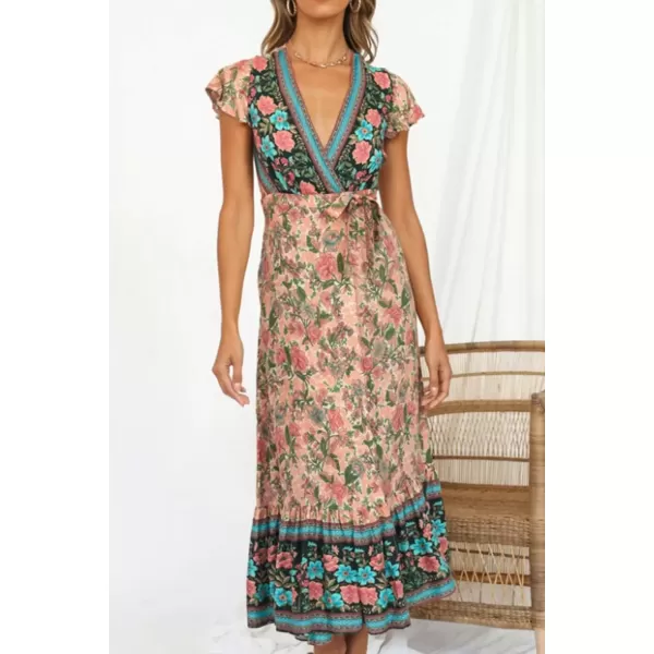 imagePRETTYGARDEN Women Boho Summer Side Split Deep V Neck Short Sleeves Maxi Dress with BeltApricot