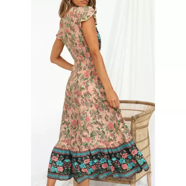imagePRETTYGARDEN Women Boho Summer Side Split Deep V Neck Short Sleeves Maxi Dress with BeltApricot