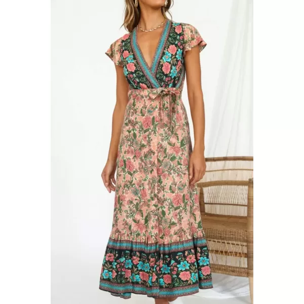 imagePRETTYGARDEN Women Boho Summer Side Split Deep V Neck Short Sleeves Maxi Dress with BeltApricot