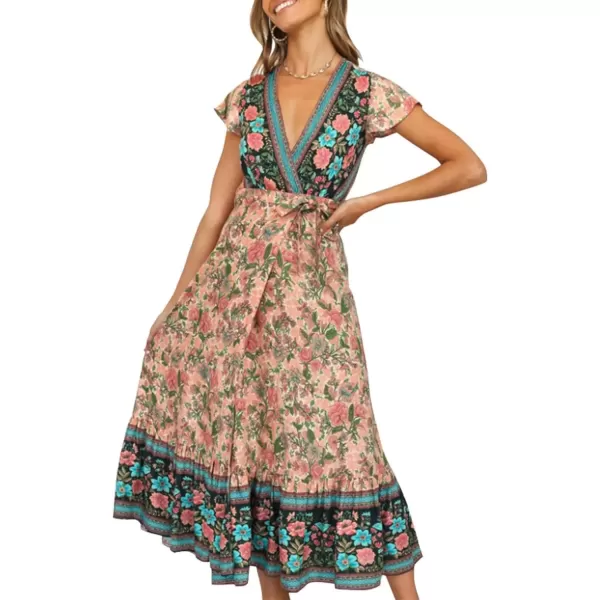 imagePRETTYGARDEN Women Boho Summer Side Split Deep V Neck Short Sleeves Maxi Dress with BeltApricot