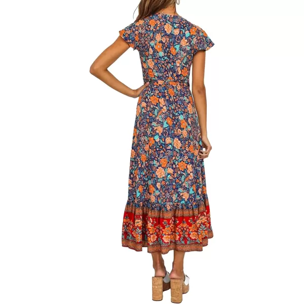 imagePRETTYGARDEN Women Boho Summer Side Split Deep V Neck Short Sleeves Maxi Dress with BeltDark Blue