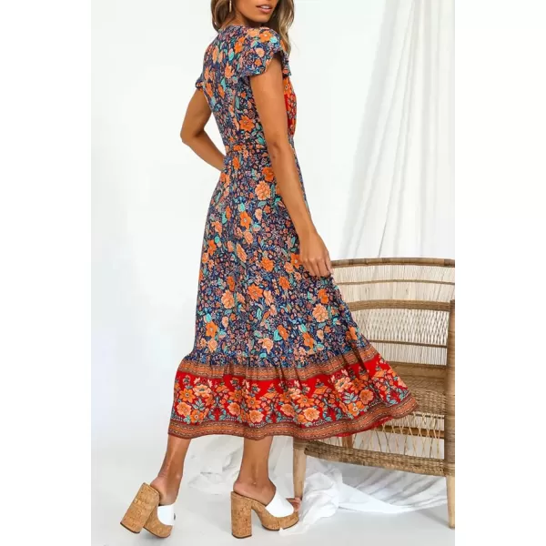 imagePRETTYGARDEN Women Boho Summer Side Split Deep V Neck Short Sleeves Maxi Dress with BeltDark Blue