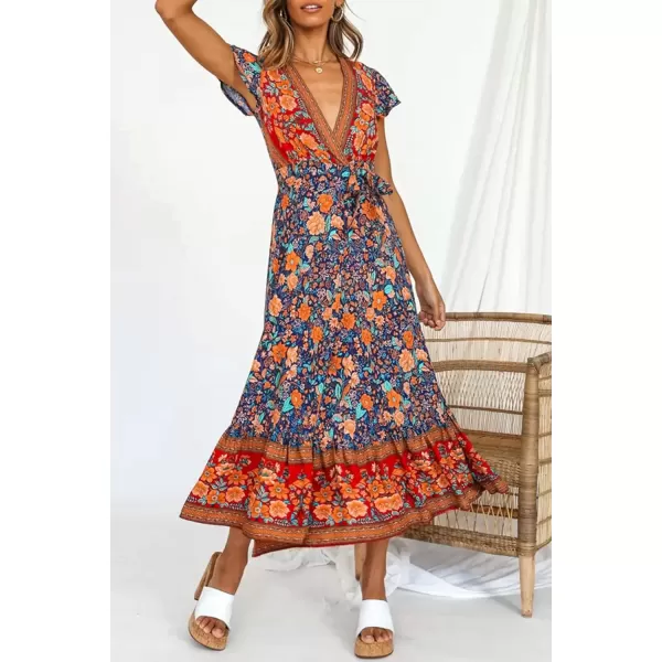 imagePRETTYGARDEN Women Boho Summer Side Split Deep V Neck Short Sleeves Maxi Dress with BeltDark Blue