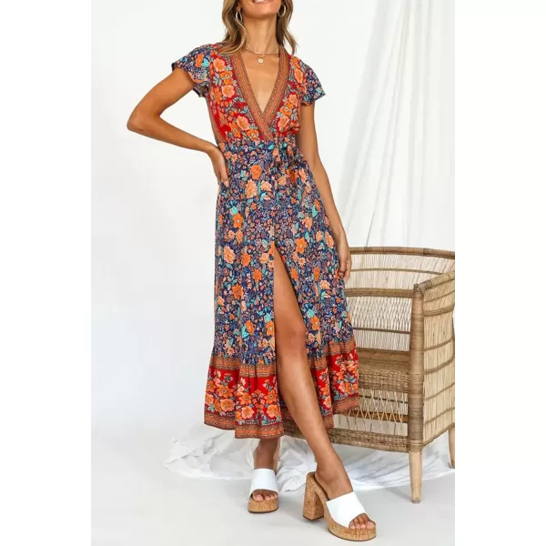 imagePRETTYGARDEN Women Boho Summer Side Split Deep V Neck Short Sleeves Maxi Dress with BeltDark Blue